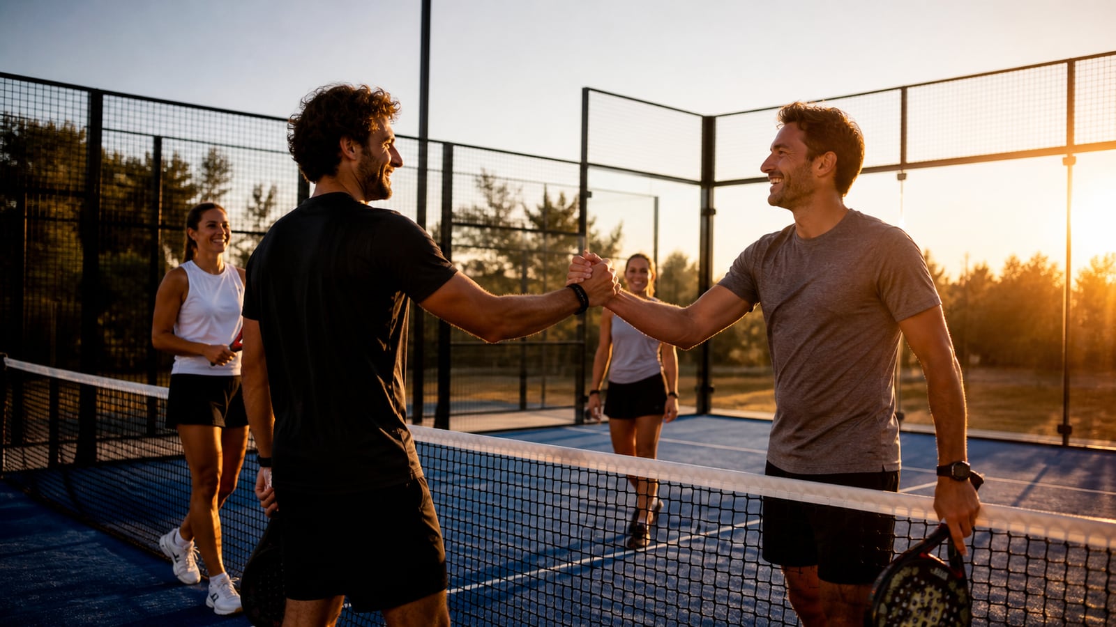 Vier recreatieve padelspelers sluiten een ontspannen wedstrijd af