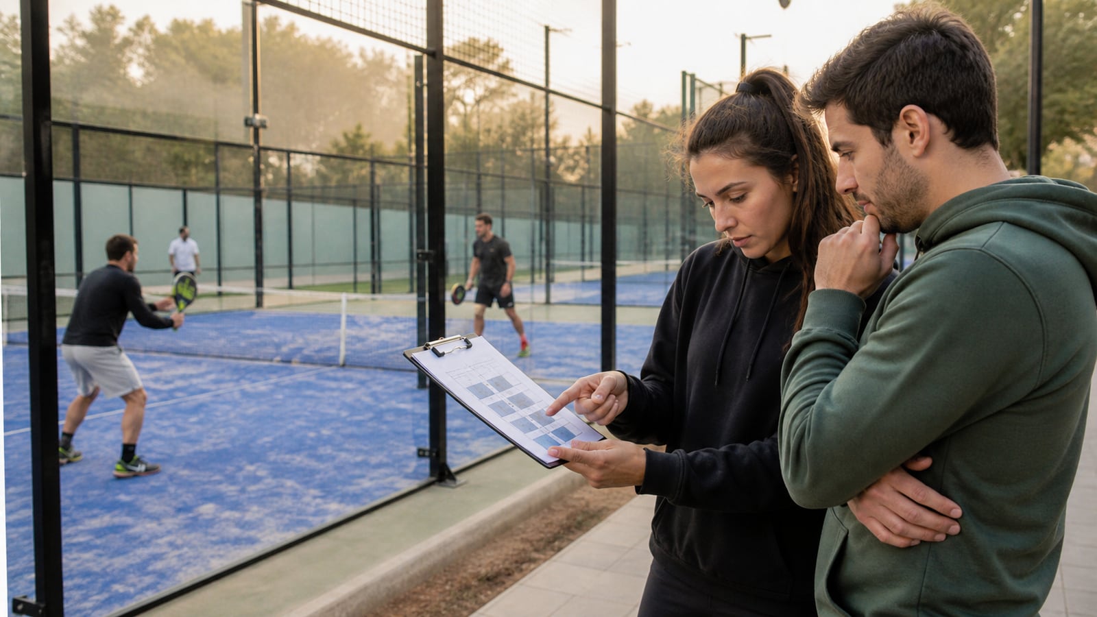 Organisatoren controleren het wedstrijdschema naast de padelbanen