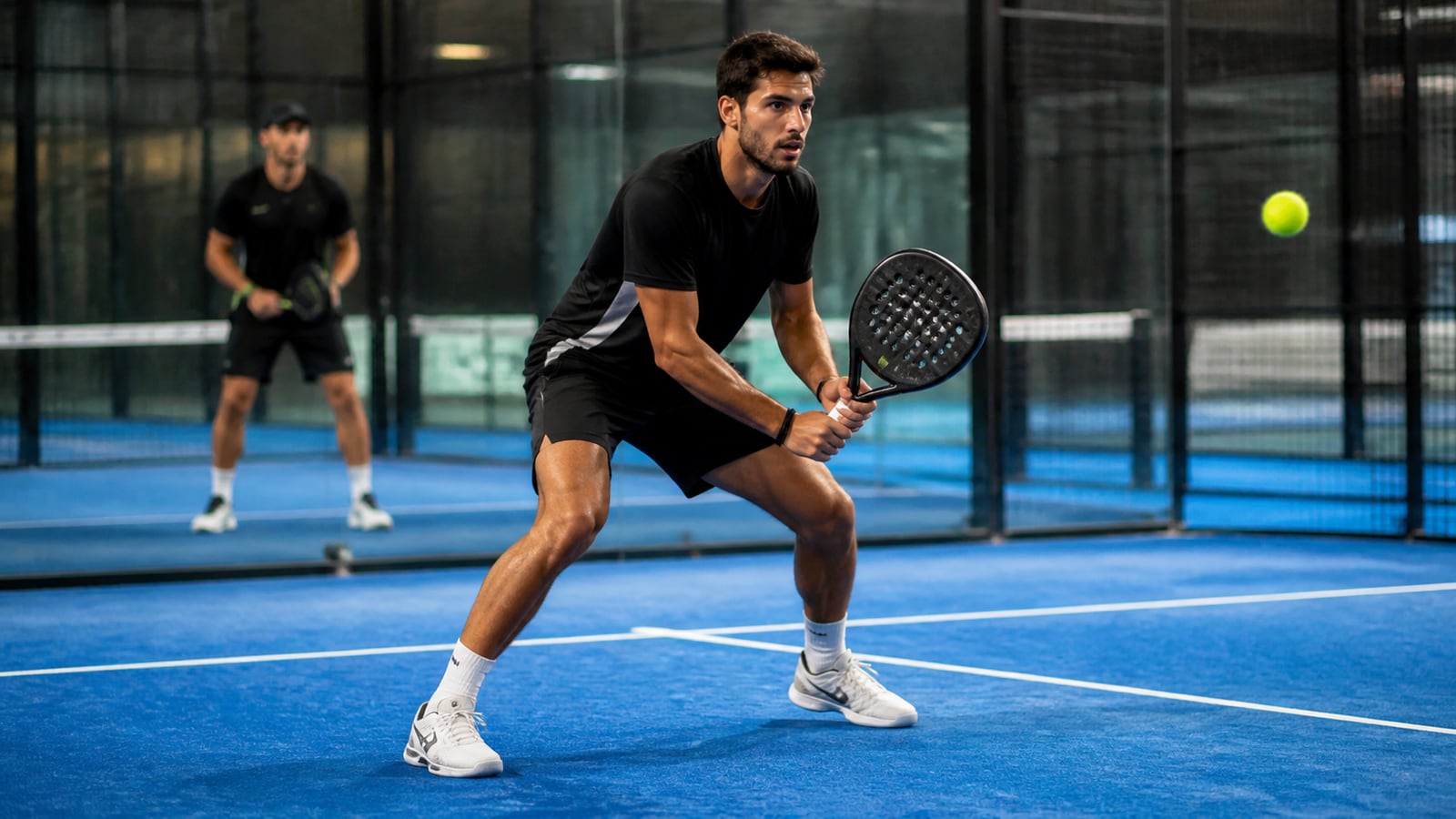 Padelspeler landt in de split-step voor de volgende bal